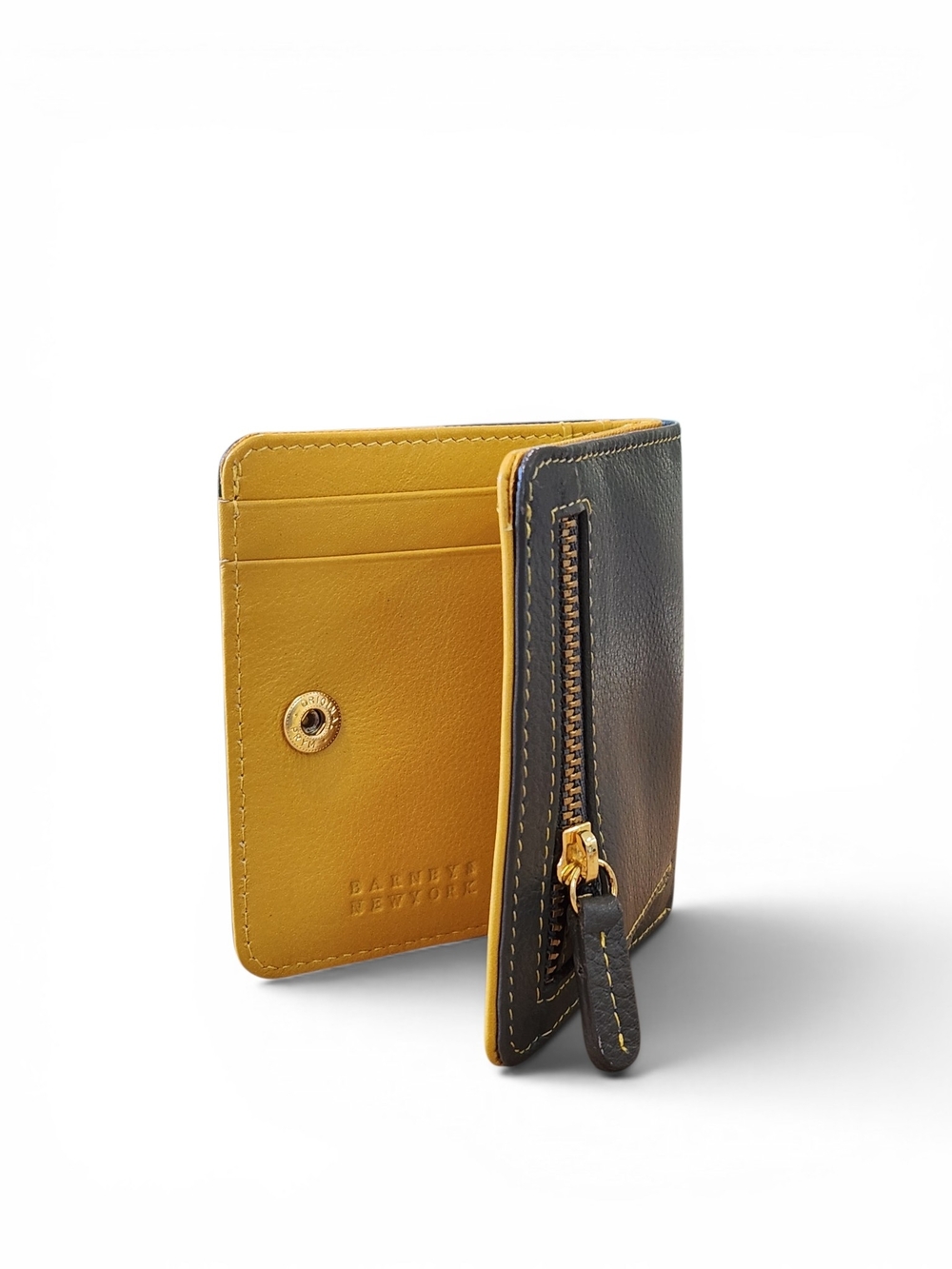 New Barneys New York Two-Tone Leather Card Wallet in Mustard & Slate Gray Blue